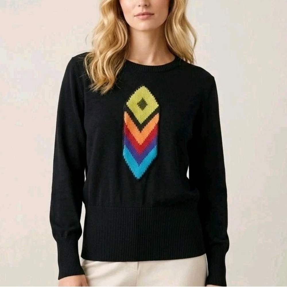 Silk & Cotton Lightweight Sweater LG Knit Chevron Crocheted Rainbow Pride Black - Picture 2 of 14